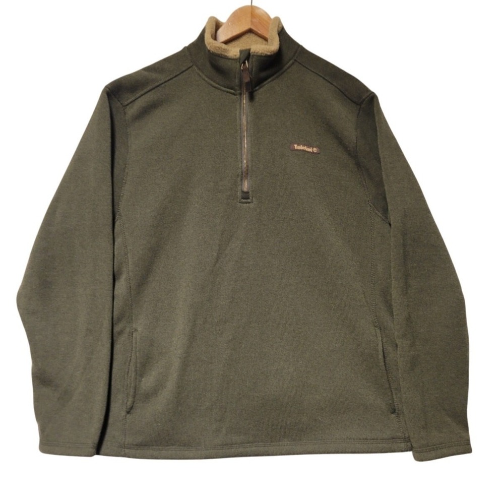 Timberland 1/4 Zip Fleece Pullover Mens Size L Olive Green Hiking Outdoor Logo